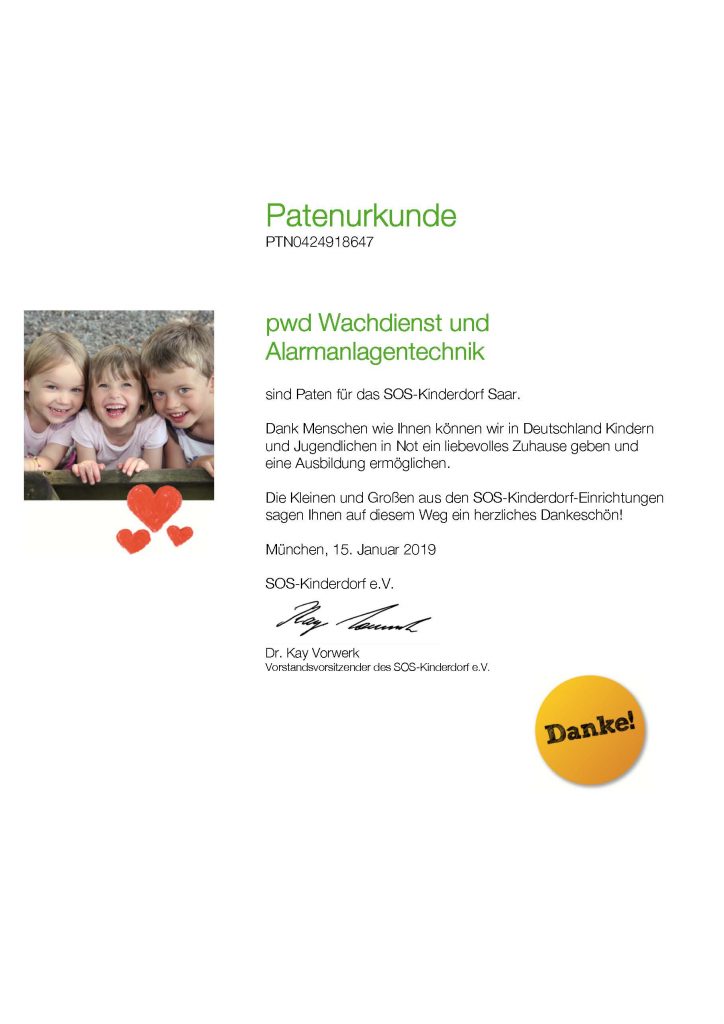 SOS Kinderdorf Patenurkunde 2019