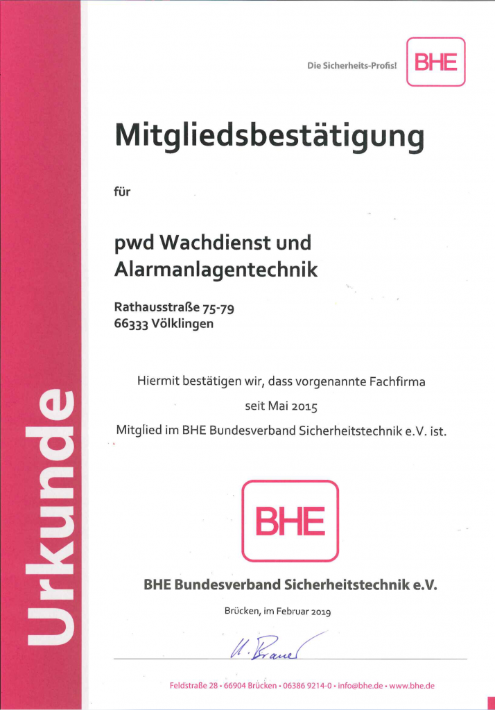 Urkunde vom BHE Bundesverband Sicherheitstechnik e.V.