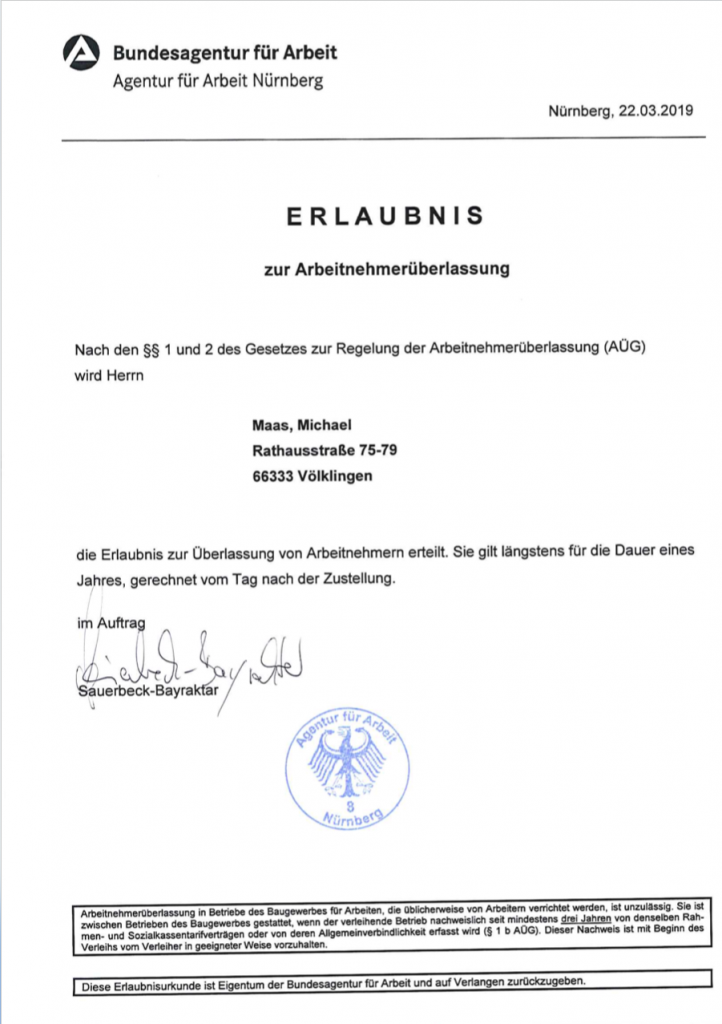 Zulassung Michael Maas Arbeitsnehmerüberlassung