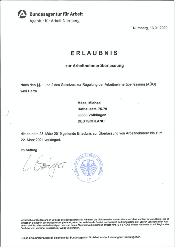 Zulassung Michael Maas Arbeitsnehmerüberlassung 2019