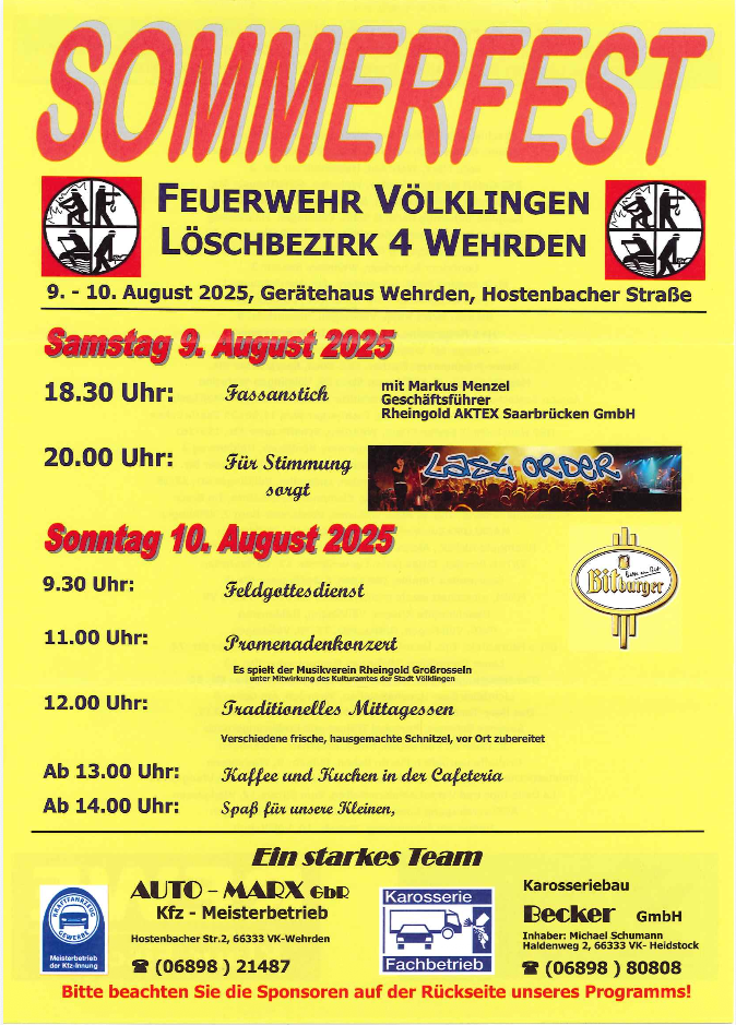 Sponsoring Sommerfest 2025 der Feuerwehr Völklingen/Wehrden